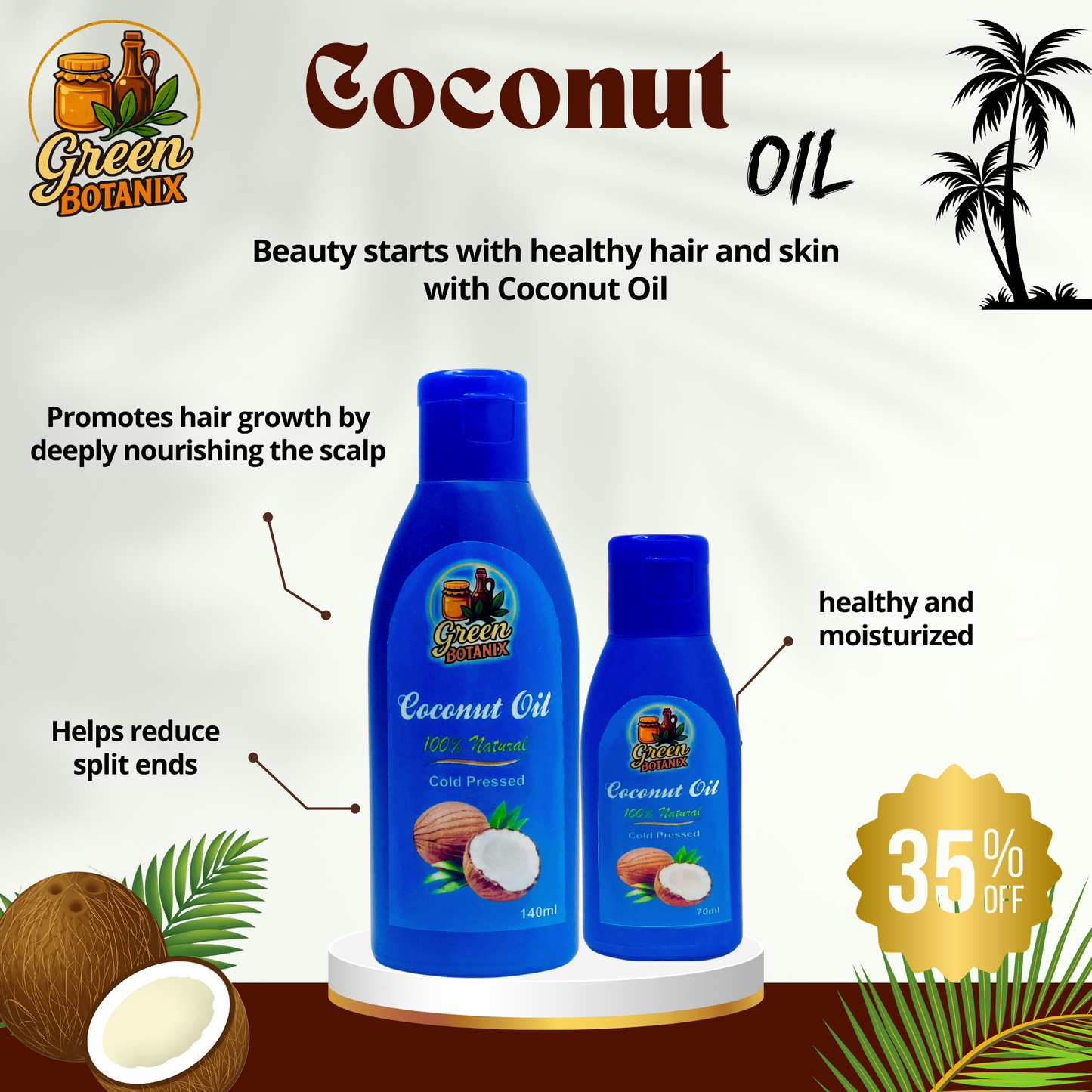 Green Botanix Coconut Oil - 100% Cold Pressed - Pure & Natural Nourishing Oil