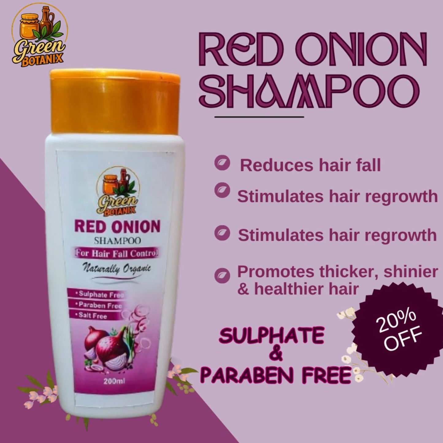 Green Botanix Red Onion Shampoo - Sulphate Free (200ml) - For Hair Fall Control