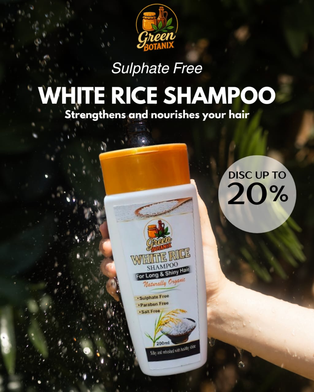 Green Botanix White Rice Shampoo - Sulphate Free (200ml) - For Long & Shiny Hair