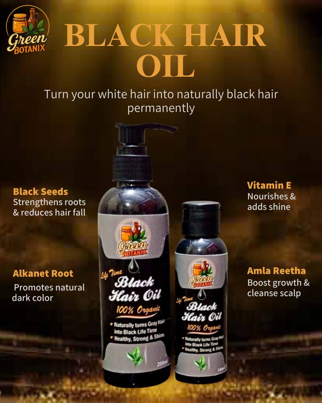 Green Botanix Black Hair OIl - 100% Organic Herbal Oil for Premature Grey Hair