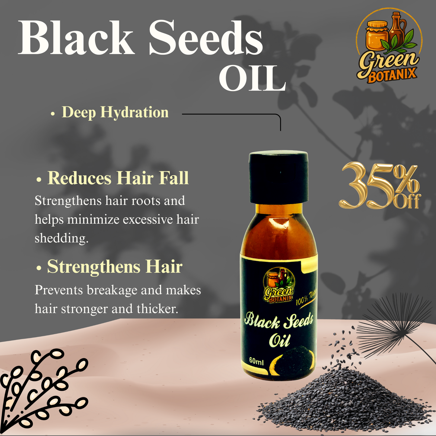 Green Botanix Black Seeds (Kalonji) Oil  (60ml) - 100% Pure & Natural Oil