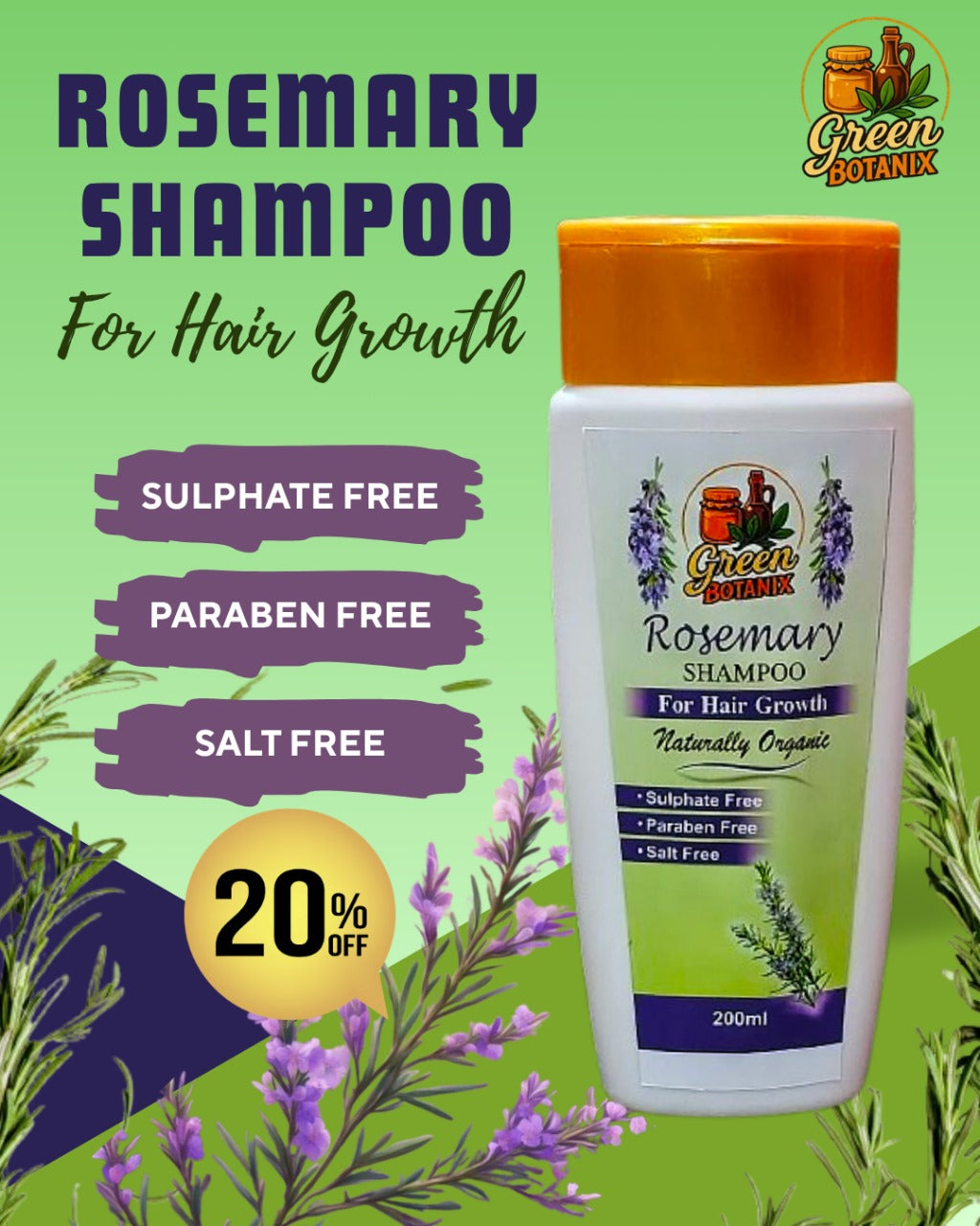 Green Botanix Rosemary Shampoo - Sulphate Free (200ml) - For Hair Growth